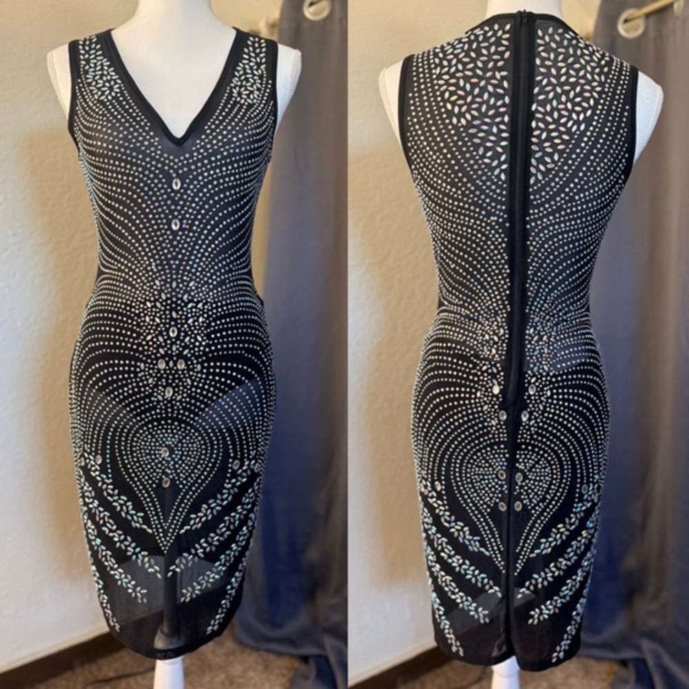 Banjul Black Mesh Rhinestone Crystal Embellished V-Neck Midi‎ Dress Large NWOT